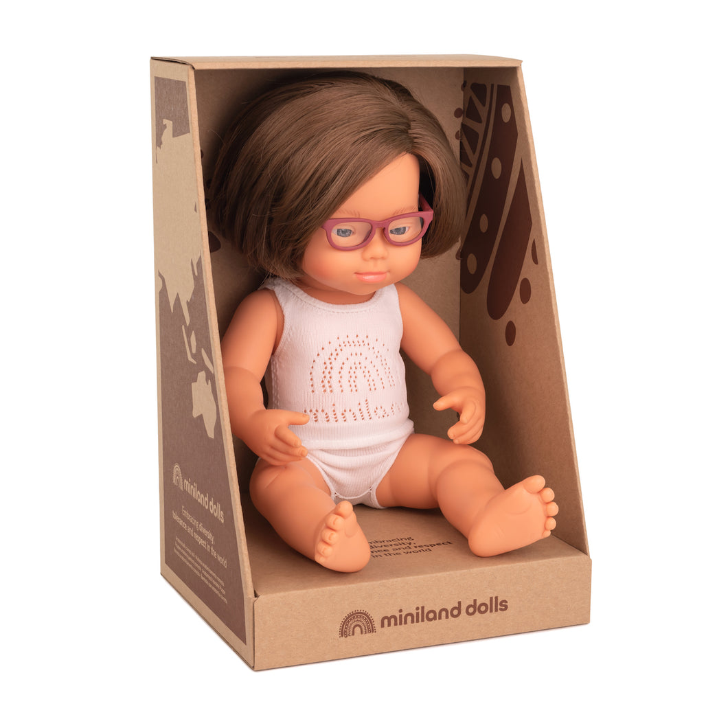 MINILAND DOLL - CAUCASIAN GIRL DS WITH GLASSES 38 CM